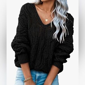 Dokotoo Black Hollow Out Pullover V-Neck Sweater XXL